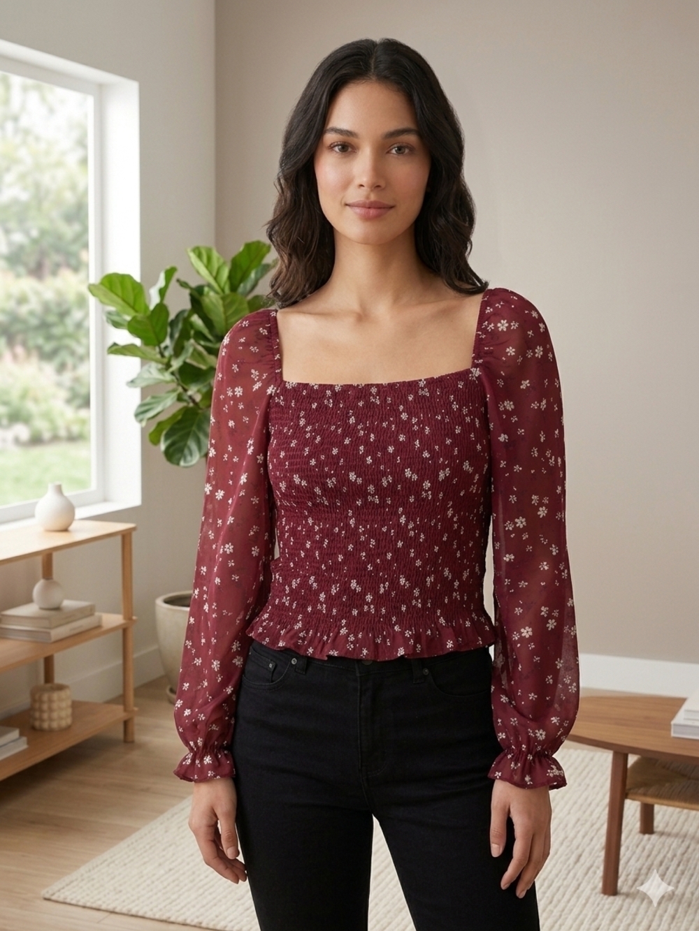 Long‑Sleeve Floral Smocked Peplum Top – LUSH (XL)